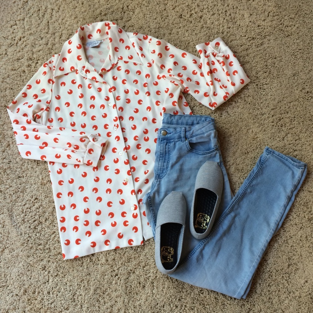 Vintage NPC Fashions Red & White Print Shirt Large